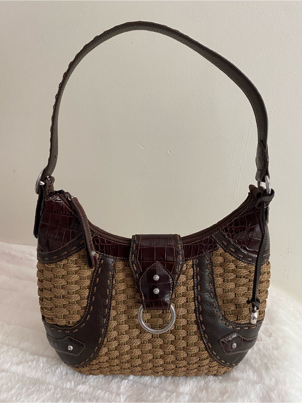 Brighton Brown Jute and Leather Woven Shoulder Bag In Tan and Brown